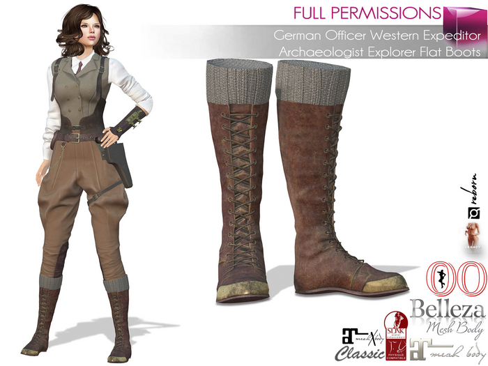 Full Perm Lace Up Flat Winter Calf Boots - Maitreya 5.3 LaraX Ebody Reborn Legacy Belleza Slink Tonic and Non-rigged