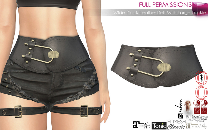 Full Perm Black Leather Vintage Steampunk Corset Belt for  Maitreya 5.3 LaraX Ebody Reborn Legacy Belleza Slink Classic