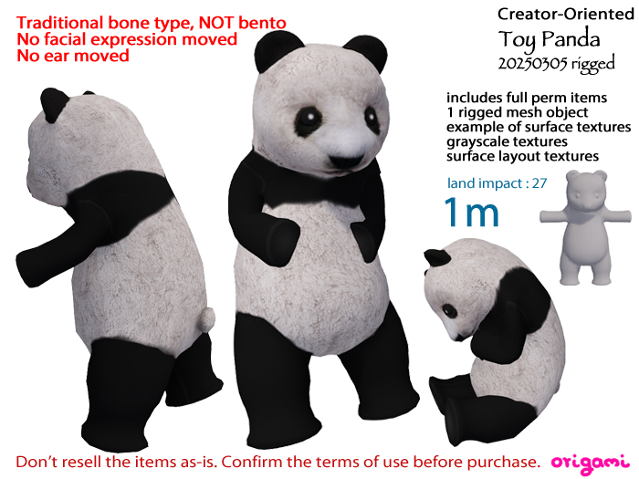 Second Life Marketplace - origami~* toy panda 20250305 rigged 1m