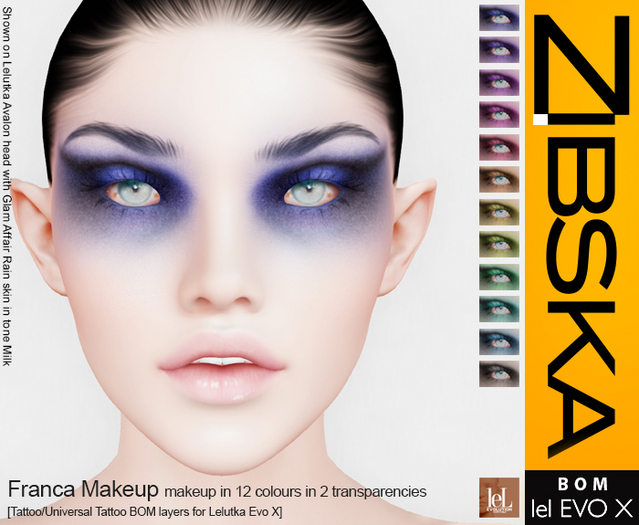 Zibska Evo X ~ Franca Makeup in 12 colors in 2 transparencies with tattoo and universal tattoo BOM