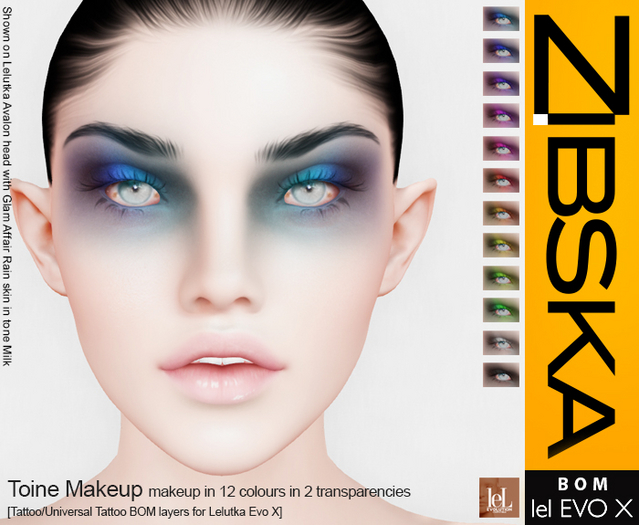 Zibska Evo X ~ Toine Makeup in 12 colors in 2 transparencies with tattoo and universal tattoo BOM layers
