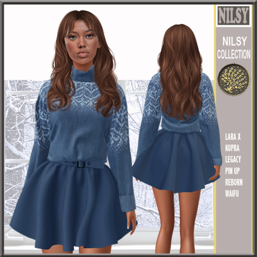 BLUE WOOL SWEATER&SKIRT