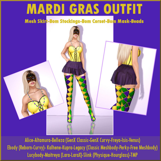 MARDI GRAS COMPLETE OUTFIT-MAITREYA LARA-LARAX BELLEZA GENX LEGACY CLASSIC-PERKY-FREE MESHBODY EBODY REBORN-CURVY KUPRA
