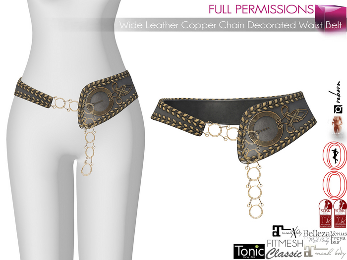 Full Perm Wide Leather Copper Chain Decorated Waist Belt | Maitreya 5.3 LaraX Slink Belleza Ocacin Ebody Reborn Legacy