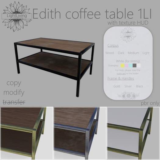 ~LLc~ Edith coffee table 1LI w. texture HUD