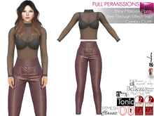 2in1 SAVE - Shiny Maroon Pants + See Through Effect Top Combo