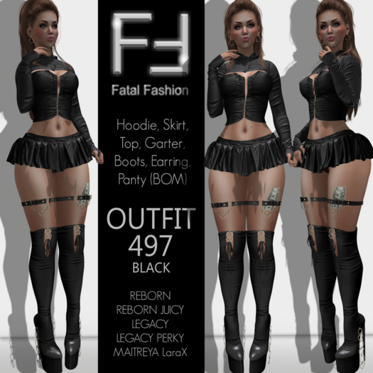 Fatal Fashion - Outfit 497 - BLACK: Hoodie, Skirt, Top, Garter, Boots, Earring & Panty (BOM)