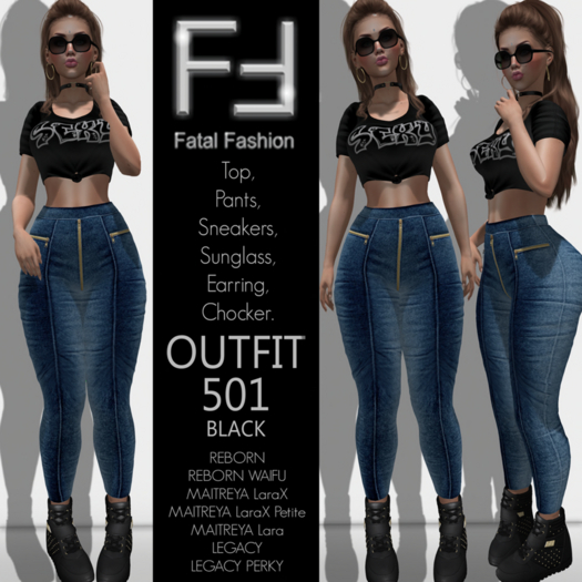 Fatal Fashion - Outfit 501 - BLACK: Top, Pants, Sneakers, Sunglass, Earring & Chocker