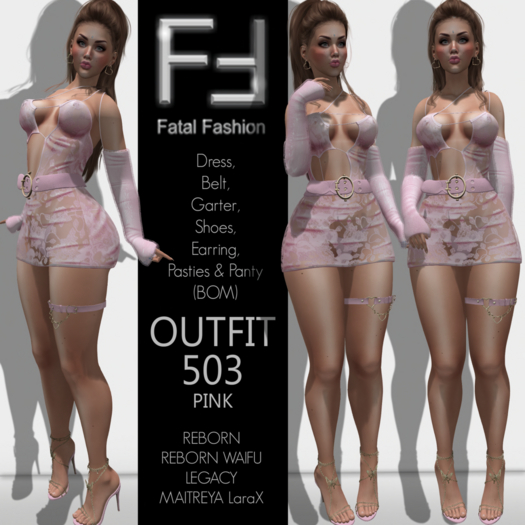 Fatal Fashion - Outfit 503 - PINK: Dress, Belt, Garter, Shoes, Earring, Pasties & Panty (BOM)