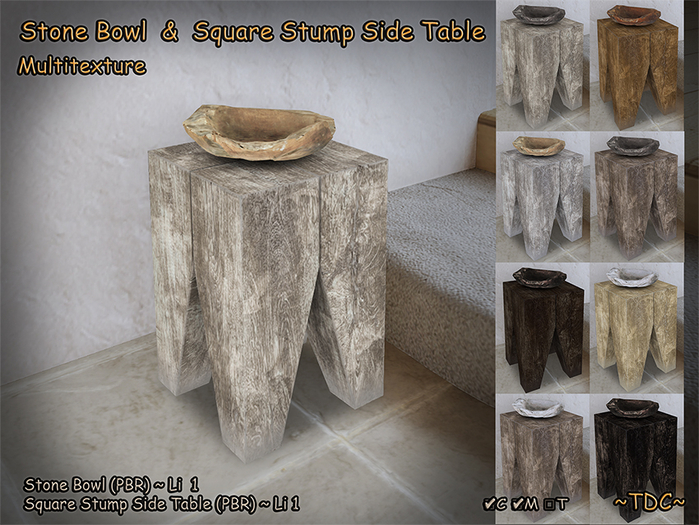 Stone Bowl & Square Stump Side Table - Multitexture