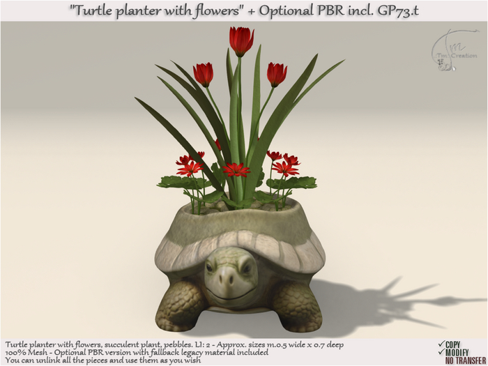 Turtle Planters with Flowers and succulent plant (PBR incl.) GP73 .t