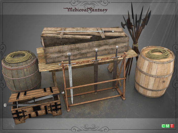 [MF] Medieval Armory Weapons,and Barrels and Treasure Chest SET