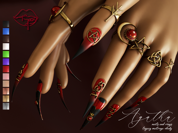 Pure Poison - Uñas y Anillos Agatha con diamantes animados para Legacy, Maitreya, Ebody, GenX.