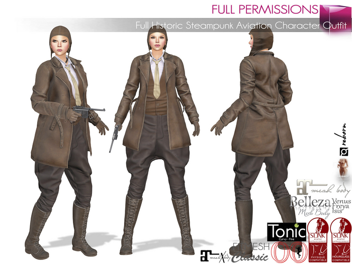 5in1 Full Perm Female Steampunk Aviator Explorer Outfit for Maitreya 5.3 LaraX Ebody Reborn Legacy Belleza Slink Tonic