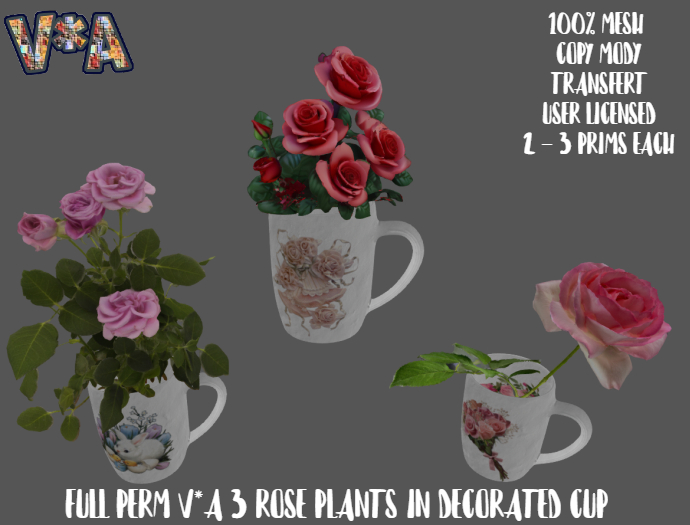 FULL PERM V*A 3 ROSE PLANTS IN DECORATED CUP