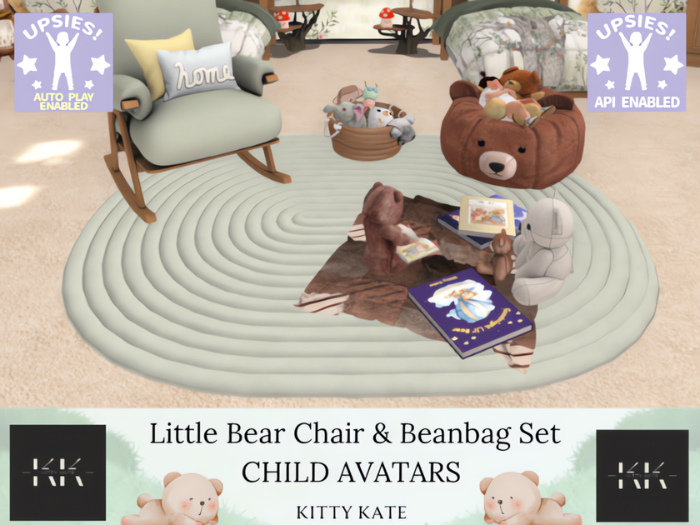 {KK} Child Avatar Parent/Child Chair, Bear Beanbag, Animated Rug and Toy Basket set. Updated with Upsies Autoplay & API