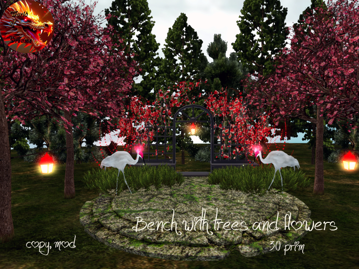 Bench with trees and flowers