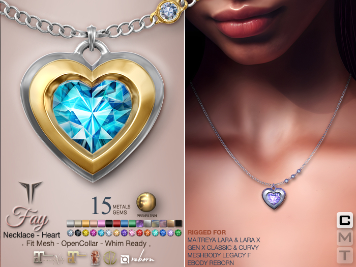 **RE** Fay Necklace - Heart - Fit Mesh - PBR - RLV - Maitreya Lara X, GenX, Meshbody, eBODY 