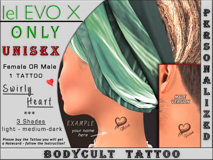 BodyCult Custom Tattoo EvoX NECK UNISEX Swirly Heart - 1 Tattoo