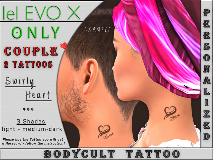 BodyCult Custom Tattoo EvoX NECK Couple Swirly Heart - 2 Tattoos