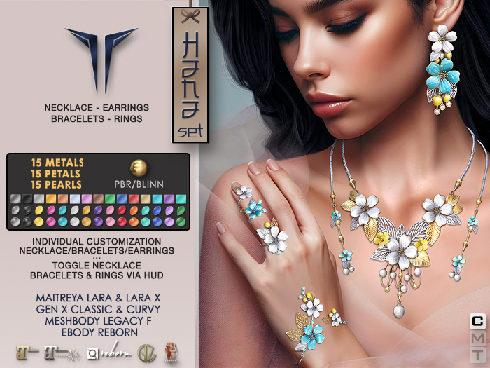 **RE** Hana Set - Necklace - Earrings - Bracelets - Rings - PBR - Fit Mesh - Maitreya Lara X, GenX, Meshbody, eBODY 