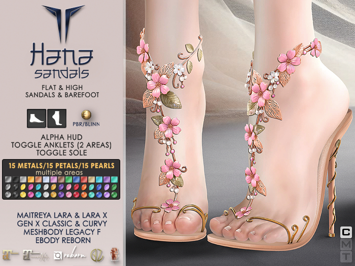 **RE** Hana Sandals - High & Flat - PBR - Maitreya Lara X, GenX, Meshbody, eBODY 
