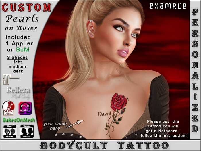 BodyCult Custom Tattoo Pearls on Roses - Name