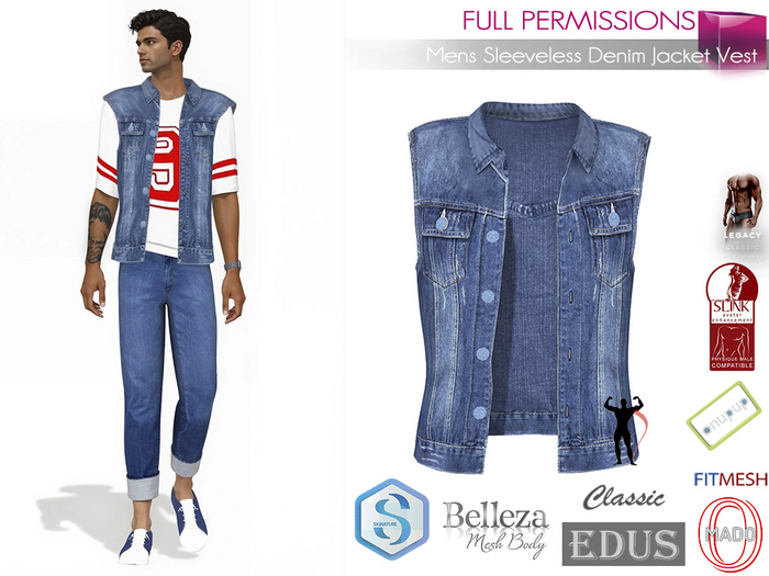 MI970166 Men's Sleeveless Denim Jacket Vest FITMESH