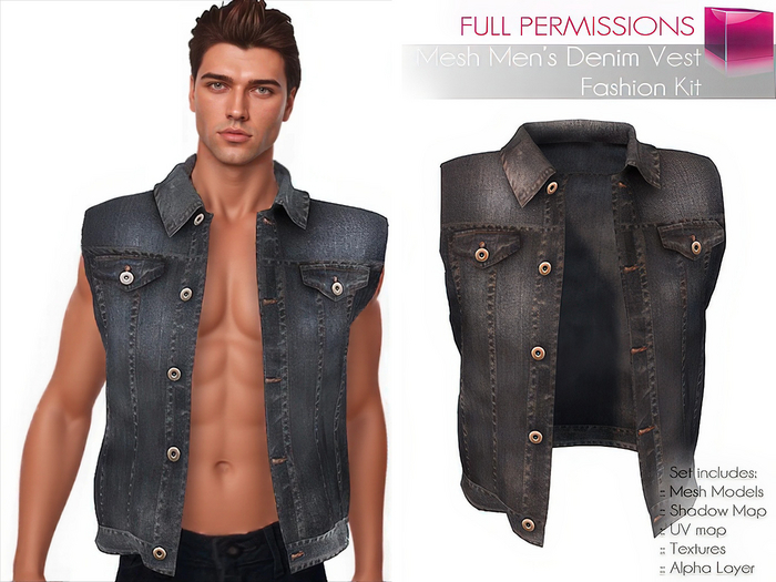 Full Perm Classic Rig Men's Sleeveless Denim Vest for Classic Avatars