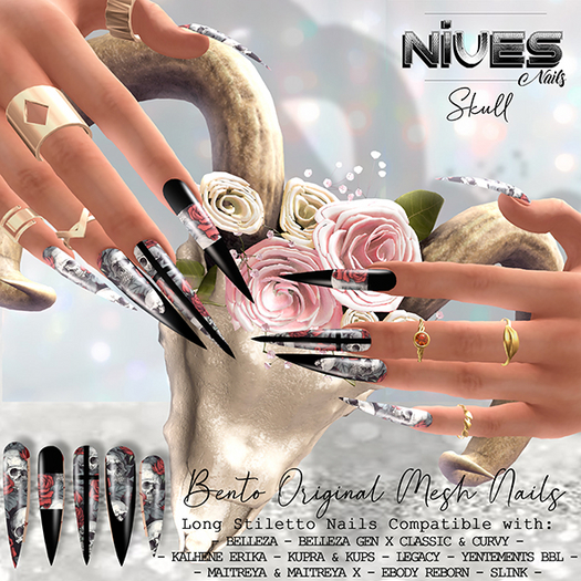 Nives: Skull Long Stiletto Mesh Nails