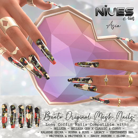Nives: Asia Bento Long Coffin Mesh Nails 