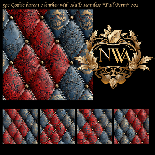 5pc PBR Gothic baroque leather with skulls texture seamless *Full Perm* 001