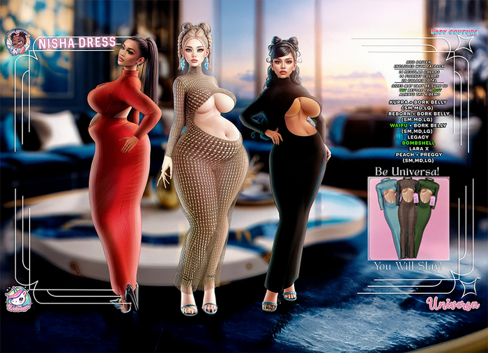 #UxBC - Nisha Dress - MEGAPACK -Kupra -Reborn -Thickie -Legacy -LaraX -Peach -Bork -Waifu -Bombshell -Preggy