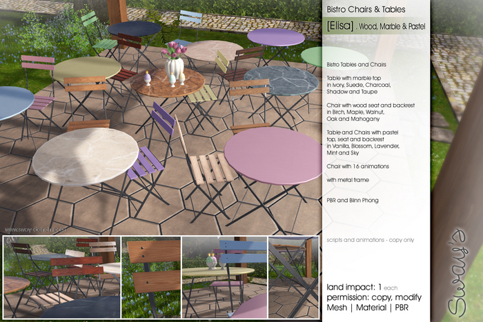 Sway's [Elisa] Bistro Chairs & Tables . Wood, Marble & Pastel