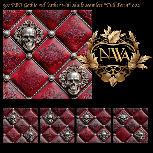 5pc PBR Gothic red leather with skulls texture seamless *Full Perm* 002