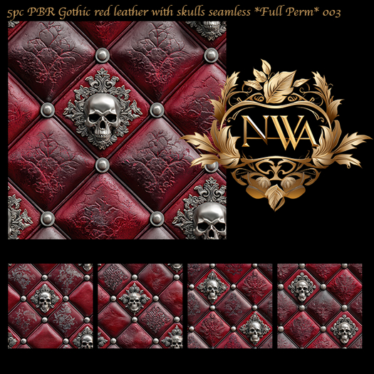 5pc PBR Gothic red leather with skulls texture seamless *Full Perm* 003