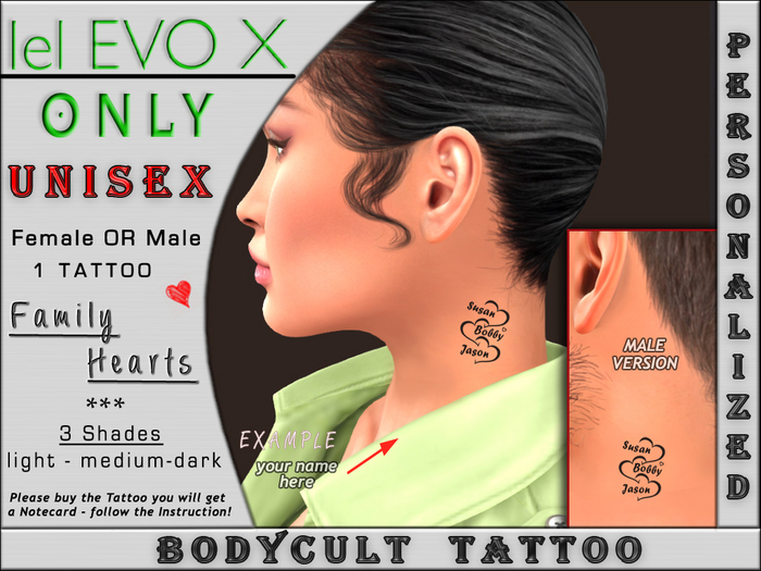 BodyCult Custom EvoX Neck UNISEX Family Heart - 1 Tattoo