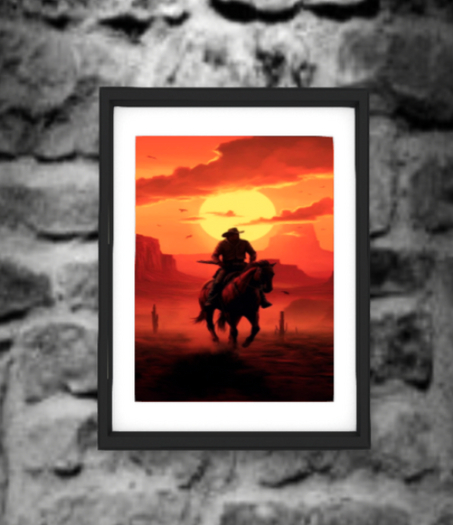 Cowboy riding at sunset