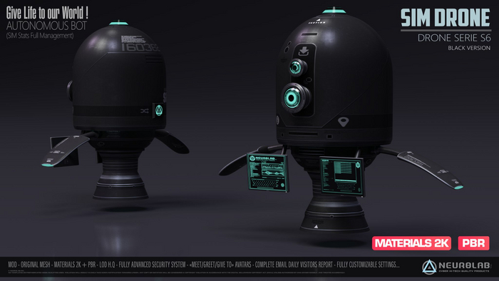 DRONE SIM S6 (BLACK +PBR) (SECURITY/GREETER/VISITOR TRACKING SYSTEM..) [NeurolaB Inc.] Cyber Cyberpunk Sci-fi