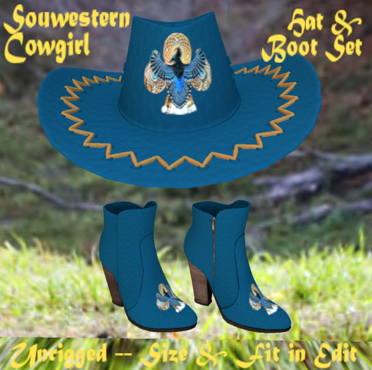 Ladies Blue Western Aztec Bird God Matching Hat and Boot Set Southwestern Design - Non-rigged Edit Size & Fit