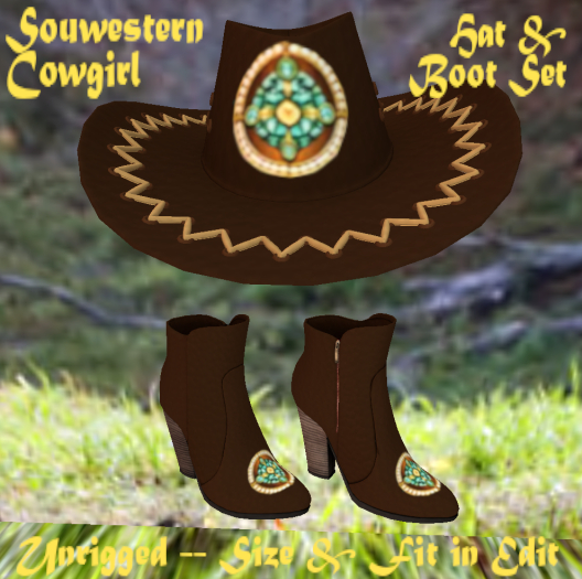 Ladies Brown Western Beaded Design Matching Hat & Boots Set - Non-rigged Edit Size & Fit