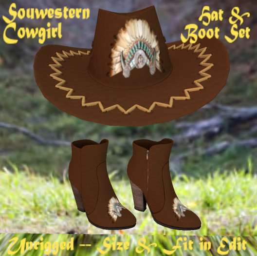 Ladies Brown Western Feather Design Matching Hat & Boots Set - Non-rigged Edit Size & Fit