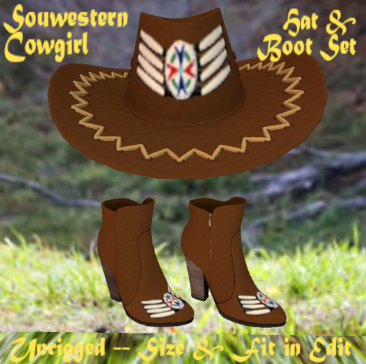 Ladies Brown Western White Beed Design Matching Hat & Boot Set - Non-rigged Edit Size & Fit