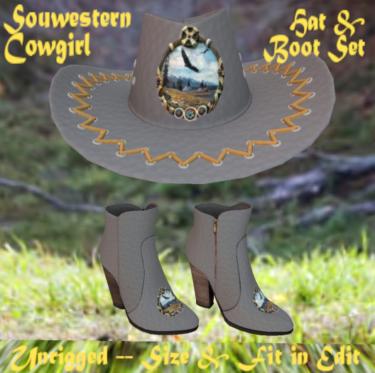 Ladies Gray Western Soaring Eagle Matching Hat & Boot Set Southwestern Design - Non-rigged Edit Size & Fit