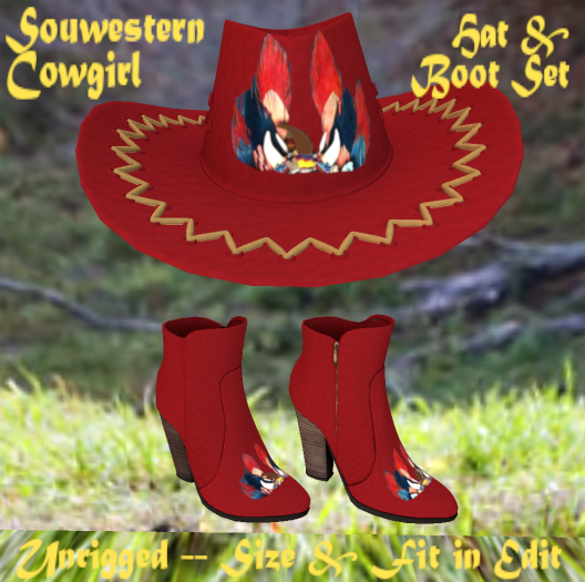 Ladies Red Western Feather Designs Matching Hat & Boot Set Southwestern Design - Non-rigged Edit Size & Fit