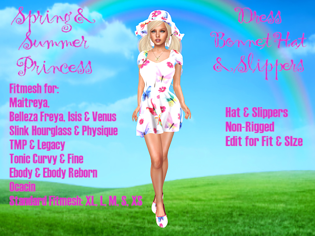 BUTTERFLIES & FLOWERS PRINCESS DRESS OUTFIT-Hat & Slippers-Belleza;Slink; Ebody;Legacy;Ocacin;TMP;Tonic;Fitmesh XL-XS