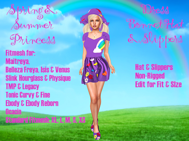 FLOWERS & BUTTERFLIES PRINCESS DRESS OUTFIT-Hat & Slippers-Belleza;Slink; Ebody;Legacy;Ocacin;TMP;Tonic;Fitmesh XL-XS