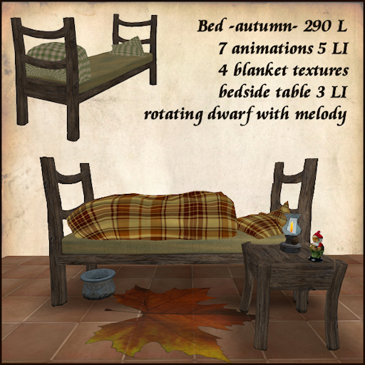 fantasy_ autumn wood bed, with rotating dwarf 