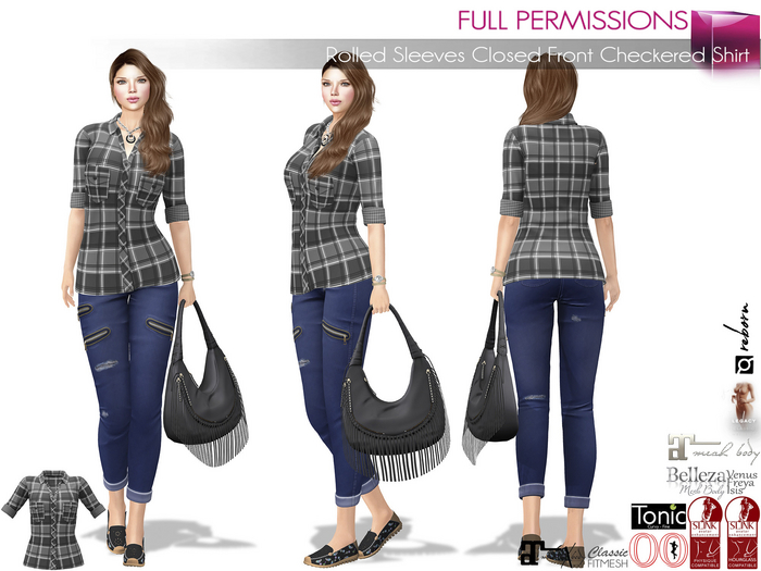 Full Perm Female Rolled Sleeves Closed Front Checkered Shirt Legacy Maitreya 5.3 LaraX Slink Belleza Tonic Ebody Reborn