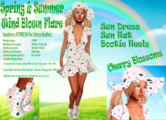 CHERRY BLOSSOMS WIND FLARE PARTY SUN DRESS, HAT, HEELS OUTFIT Maitreya,Belleza&Slink,TMP,Tonic Fine&Curvy,Ebody,Ocacin